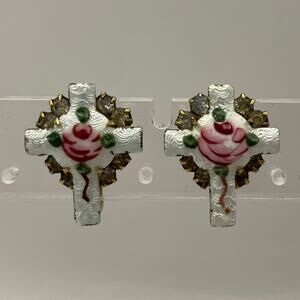 Vintage Gilloche Painted Floral Rose Screw Back Earrings Cross Rhinestones